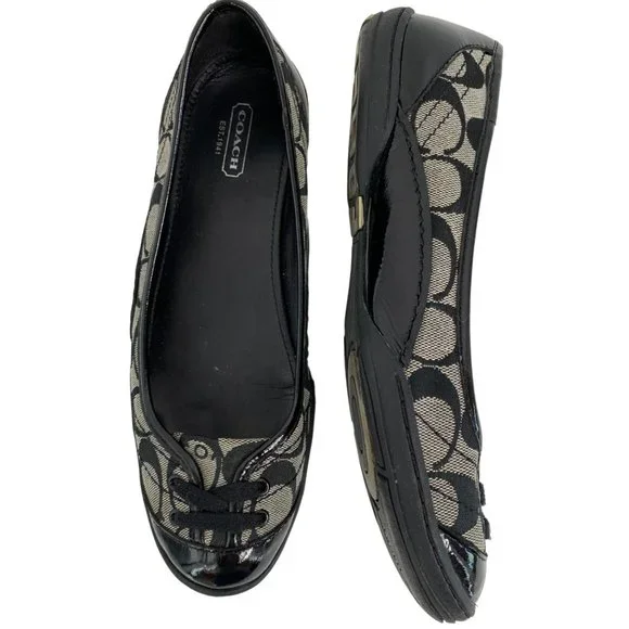 Womens 7.5 Coach Dannie Ballet Flats Shoes Monogram Patent Leather Black 6539 - Picture 15 of 16
